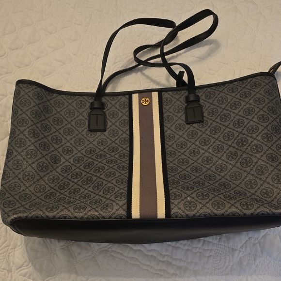 Handbags - Elegant Gray and Black Tote with Gold Accents